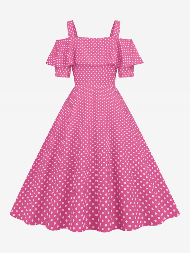 Dames Vintage Jurk Jaren '50 Bateau Neck Korte Mouwen Medium Polka Dot Rockabilly - Roze