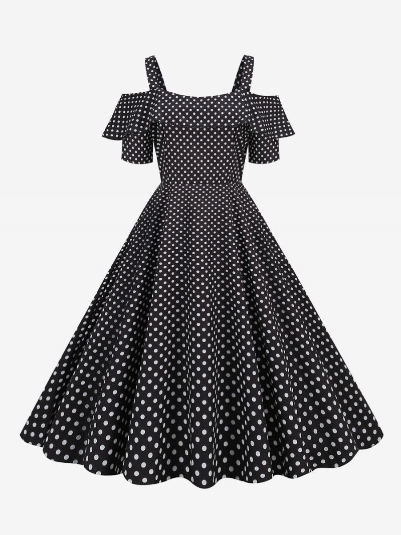 Dames Vintage Jurk Jaren '50 Bateau Neck Korte Mouwen Medium Polka Dot Rockabilly - Zwart