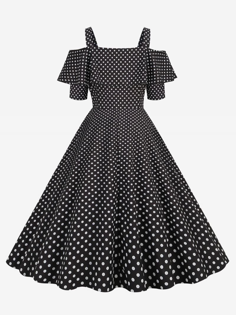 Dames Vintage Jurk Jaren '50 Bateau Neck Korte Mouwen Medium Polka Dot Rockabilly - Zwart