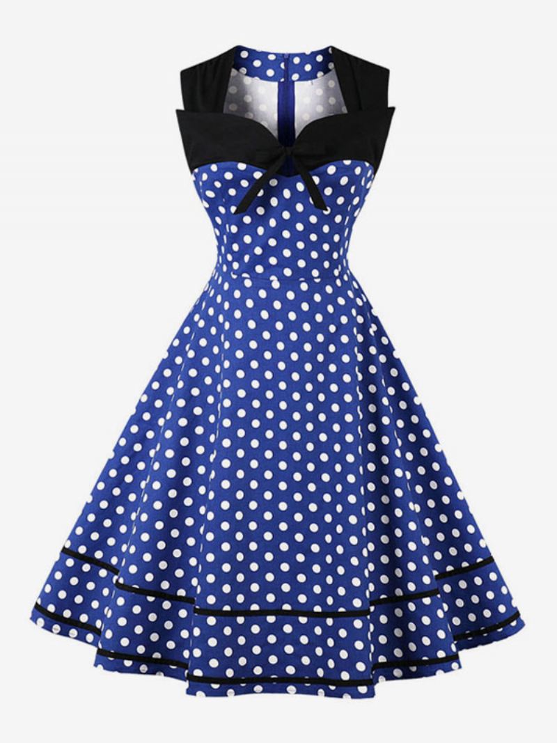 Dames Vintage Jurk Polka Dot Strikken Liefje Mouwloos Swing Zomerjurk - Blauw