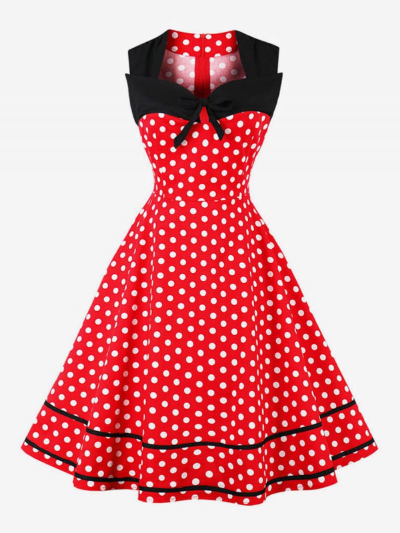 Dames Vintage Jurk Polka Dot Strikken Liefje Mouwloos Swing Zomerjurk - Tuurrood