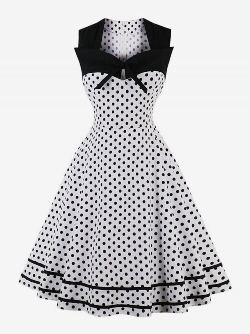 Dames Vintage Jurk Polka Dot Strikken Liefje Mouwloos Swing Zomerjurk - Wit