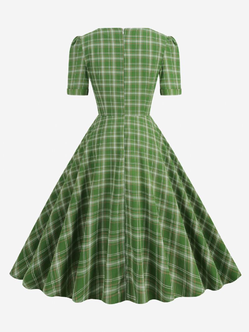 Dames Vintage Jurk Rode Geruite Jaren 1950 Audrey Hepburn Stijl Strikken Korte Mouwen Sweetheart Hals Medium Swing - Groen