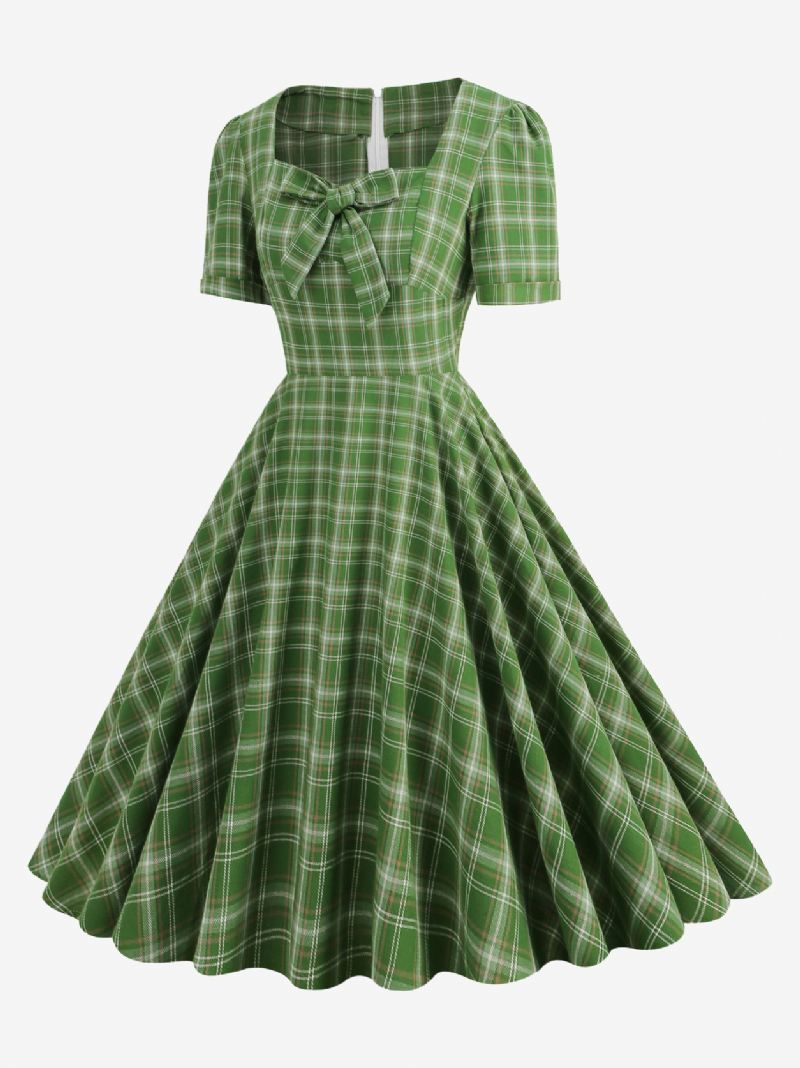 Dames Vintage Jurk Rode Geruite Jaren 1950 Audrey Hepburn Stijl Strikken Korte Mouwen Sweetheart Hals Medium Swing - Groen