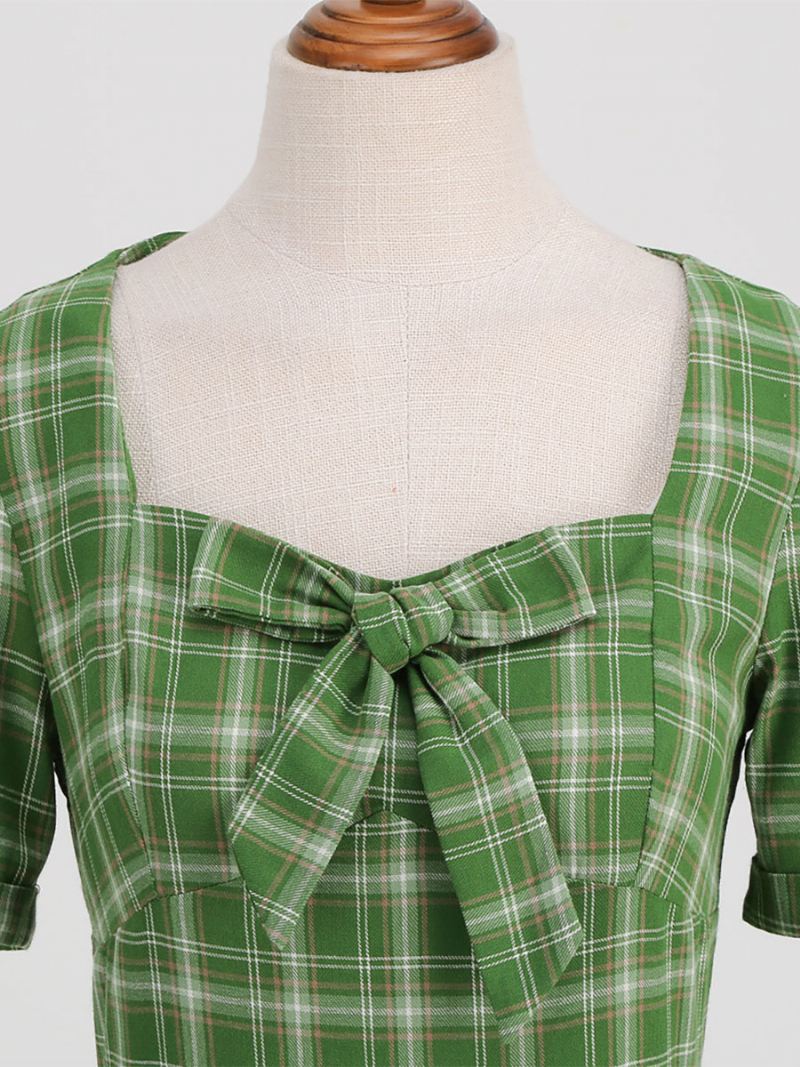 Dames Vintage Jurk Rode Geruite Jaren 1950 Audrey Hepburn Stijl Strikken Korte Mouwen Sweetheart Hals Medium Swing - Groen