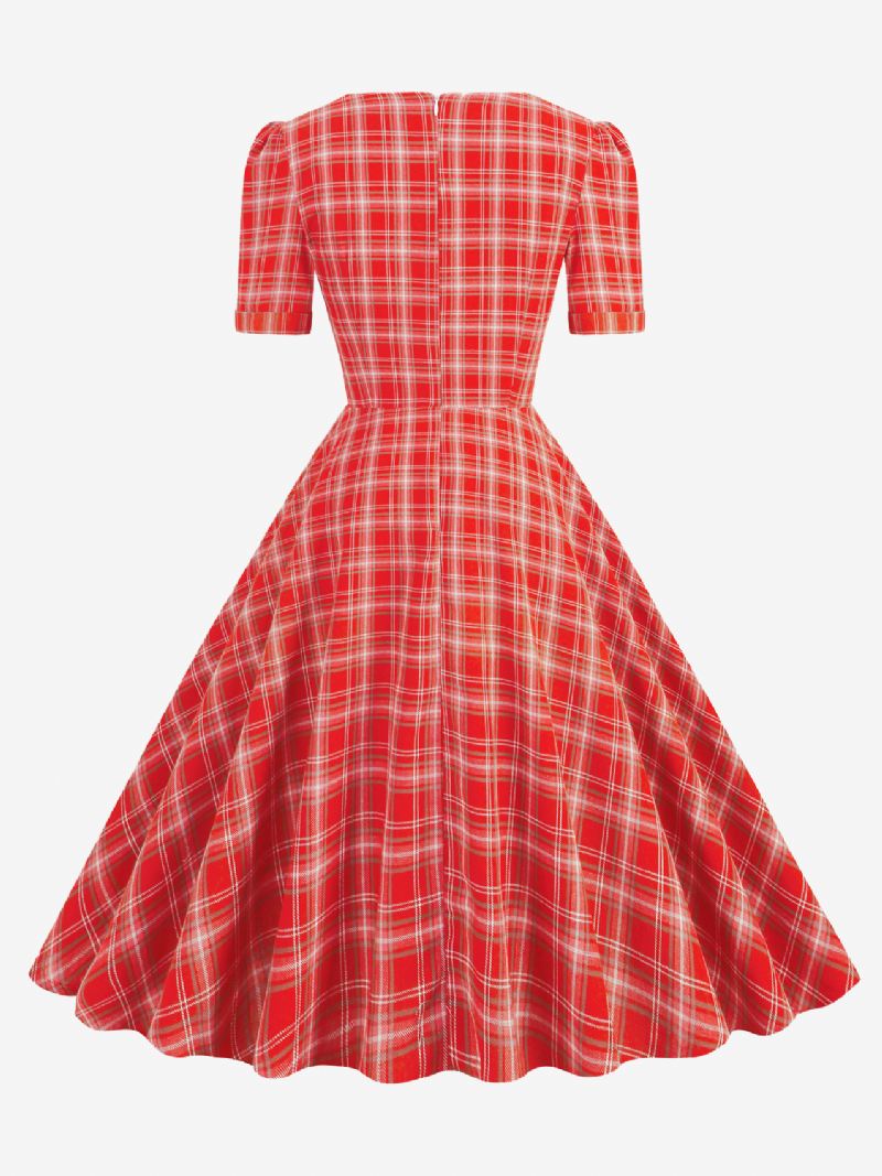 Dames Vintage Jurk Rode Geruite Jaren 1950 Audrey Hepburn Stijl Strikken Korte Mouwen Sweetheart Hals Medium Swing - Rood