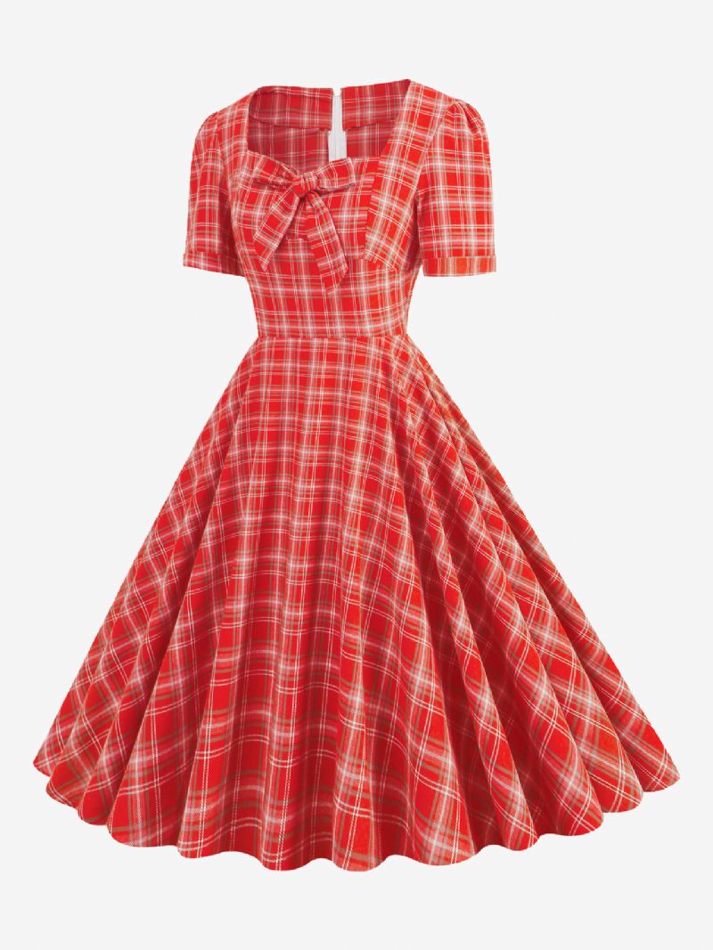 Dames Vintage Jurk Rode Geruite Jaren 1950 Audrey Hepburn Stijl Strikken Korte Mouwen Sweetheart Hals Medium Swing - Rood