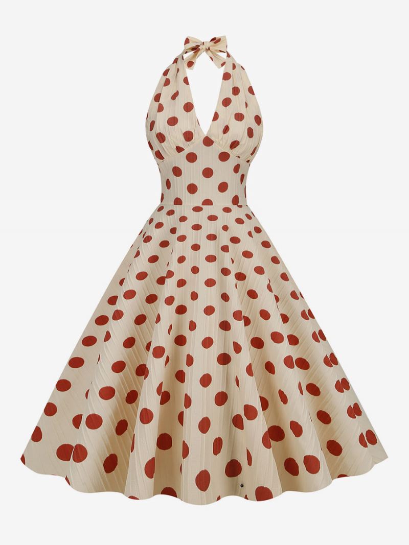 Dames Vintage Jurk Rood Jaren 1950 Audrey Hepburn Stijl Polka Dot Geplooide Mouwloze V-hals Medium Swing