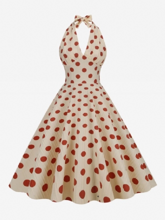 Dames Vintage Jurk Rood Jaren 1950 Audrey Hepburn Stijl Polka Dot Geplooide Mouwloze V-hals Medium Swing