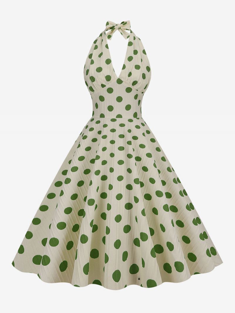 Dames Vintage Jurk Rood Jaren 1950 Audrey Hepburn Stijl Polka Dot Geplooide Mouwloze V-hals Medium Swing - Groen