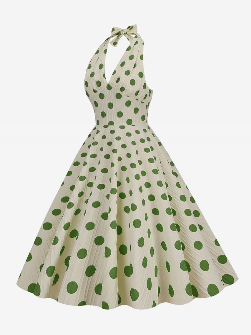 Dames Vintage Jurk Rood Jaren 1950 Audrey Hepburn Stijl Polka Dot Geplooide Mouwloze V-hals Medium Swing - Groen