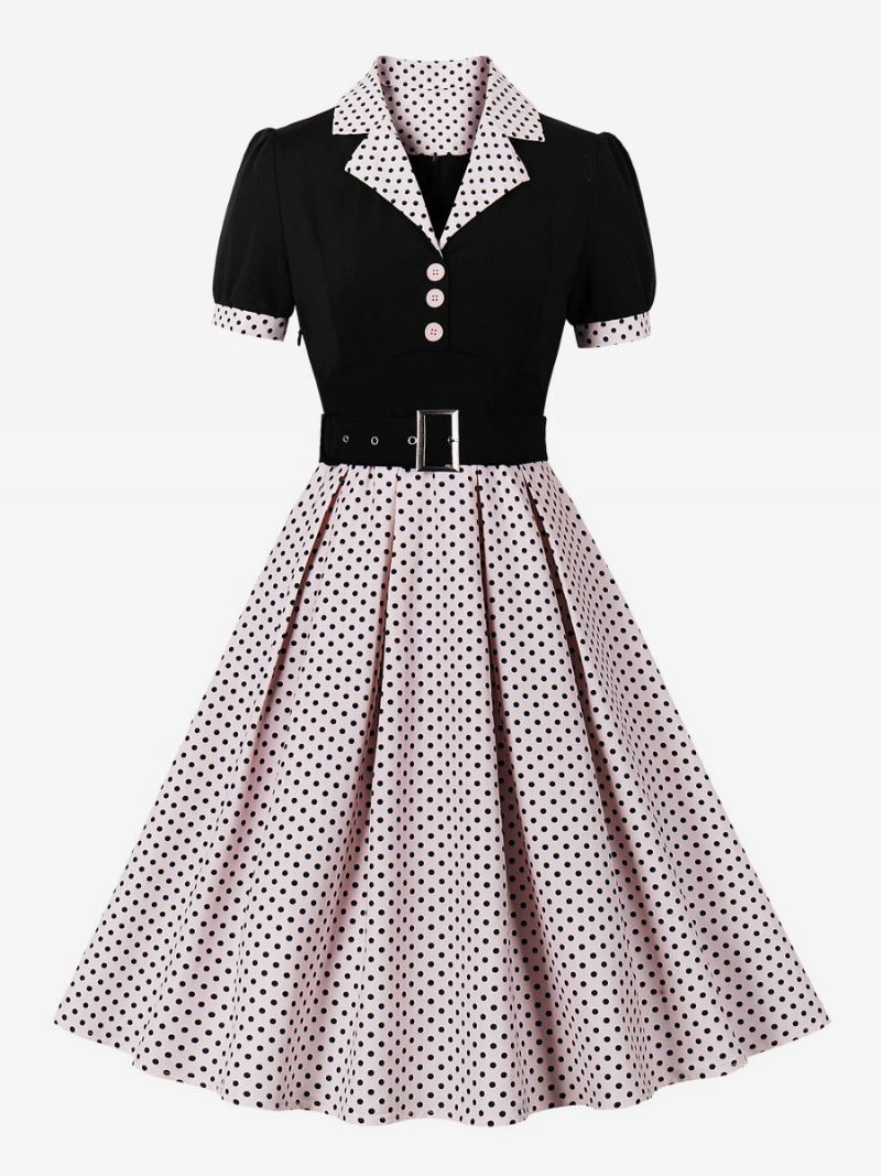 Dames Vintage Jurk Roze Stip Jaren 1950 Audrey Hepburn Stijl Sjerp Korte Mouwen V-hals Knielengte Swing