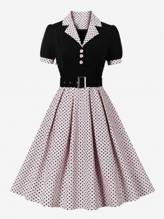 Dames Vintage Jurk Roze Stip Jaren 1950 Audrey Hepburn Stijl Sjerp Korte Mouwen V-hals Knielengte Swing