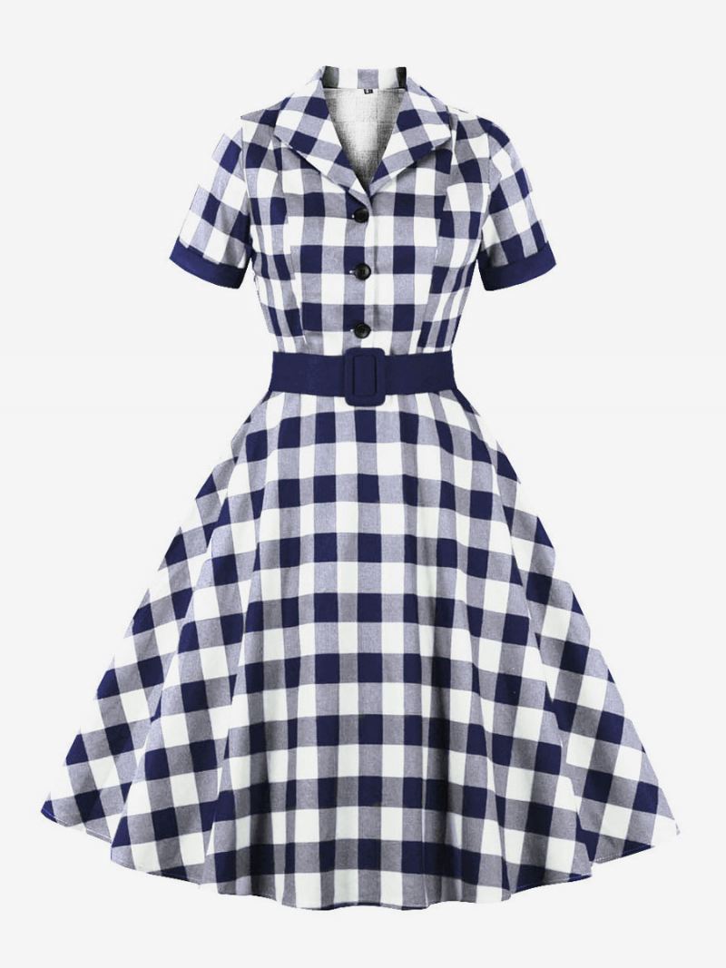 Retro Jurk Jaren 1950 Audrey Hepburn Stijl Blauw Grijze Vrouwen Korte Mouwen Rockabilly - Diepblauw