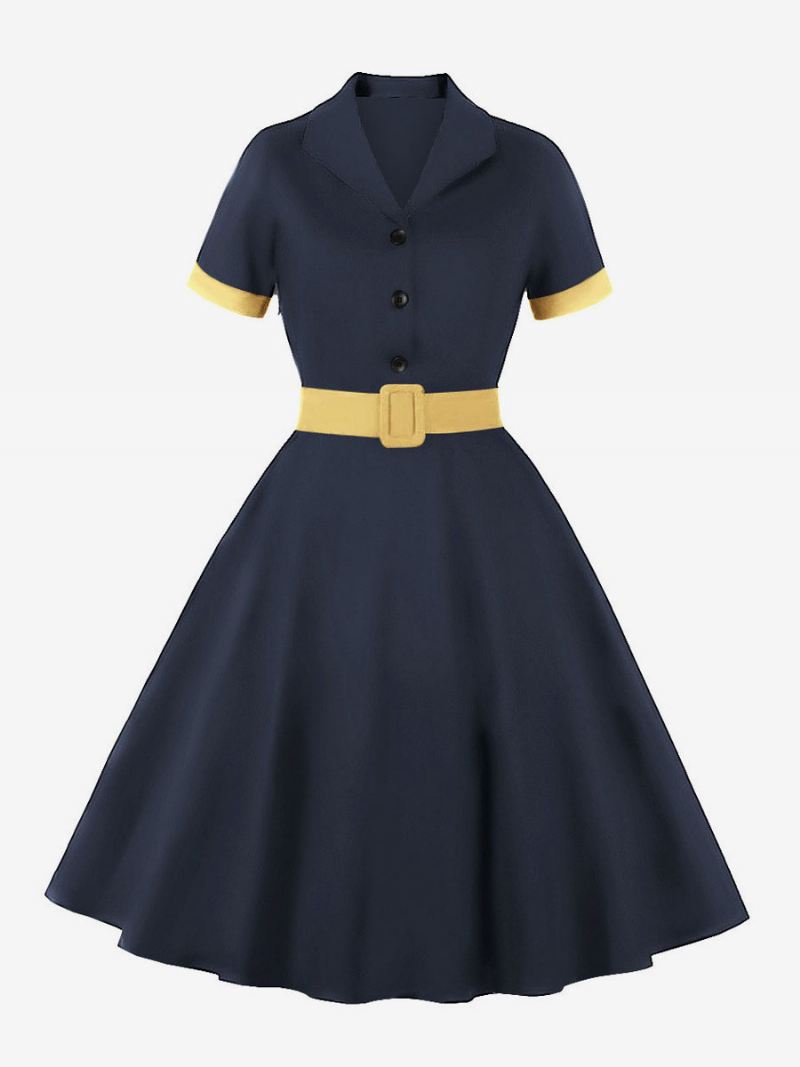 Retro Jurk Jaren 1950 Audrey Hepburn Stijl Blauw Grijze Vrouwen Korte Mouwen Rockabilly - Blauwgrijs