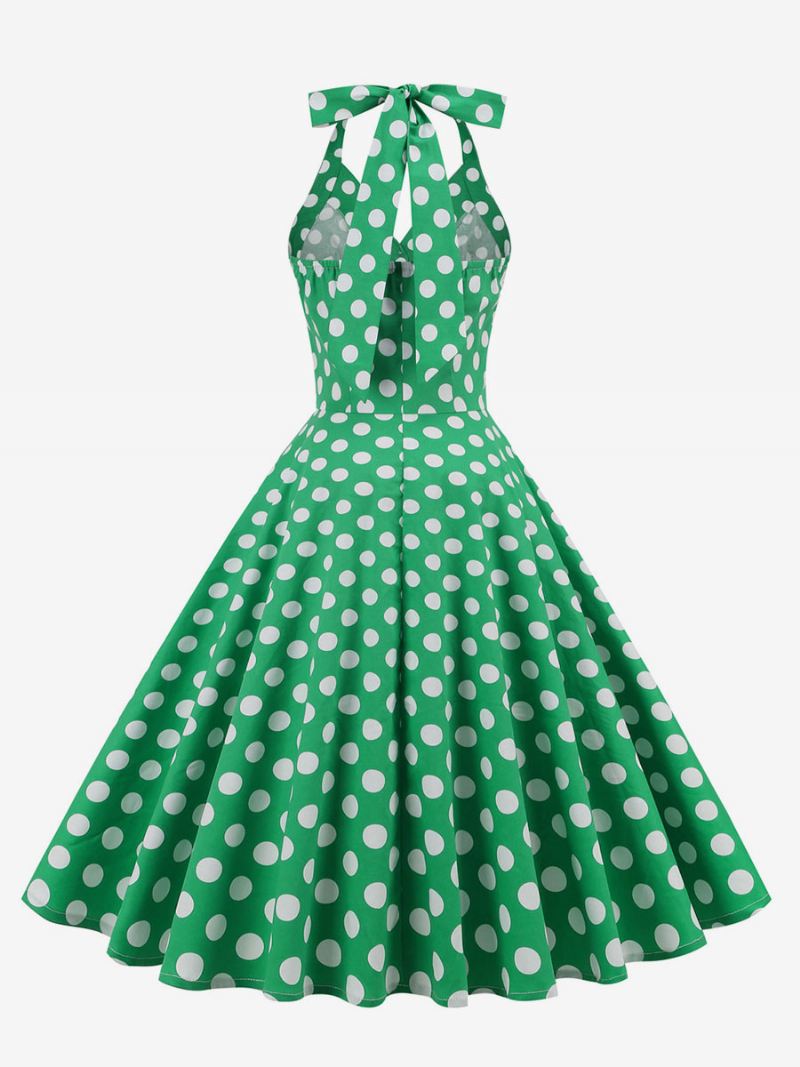 Retro Jurk Jaren 1950 Audrey Hepburn Stijl Donker Marineblauw Polka Dot Damesknopen Mouwloos Halter Rockabilly - Groen