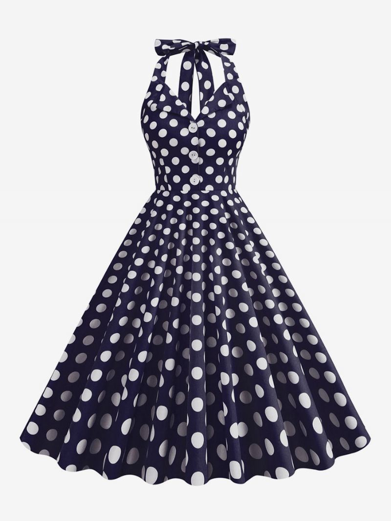 Retro Jurk Jaren 1950 Audrey Hepburn Stijl Donker Marineblauw Polka Dot Damesknopen Mouwloos Halter Rockabilly - Donker Marineblauw