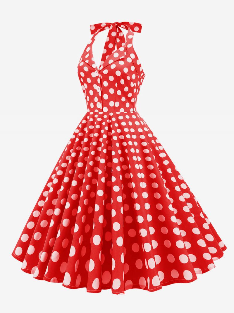 Retro Jurk Jaren 1950 Audrey Hepburn Stijl Donker Marineblauw Polka Dot Damesknopen Mouwloos Halter Rockabilly - Rood