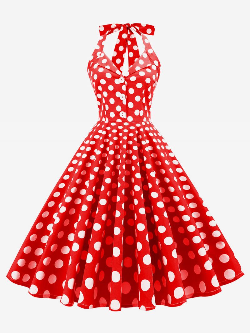 Retro Jurk Jaren 1950 Audrey Hepburn Stijl Donker Marineblauw Polka Dot Damesknopen Mouwloos Halter Rockabilly - Rood