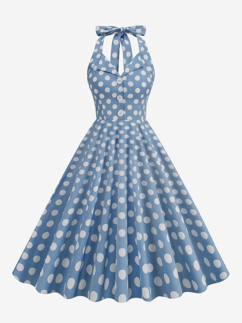 Retro Jurk Jaren 1950 Audrey Hepburn Stijl Donker Marineblauw Polka Dot Damesknopen Mouwloos Halter Rockabilly - Licht Hemelsblauw