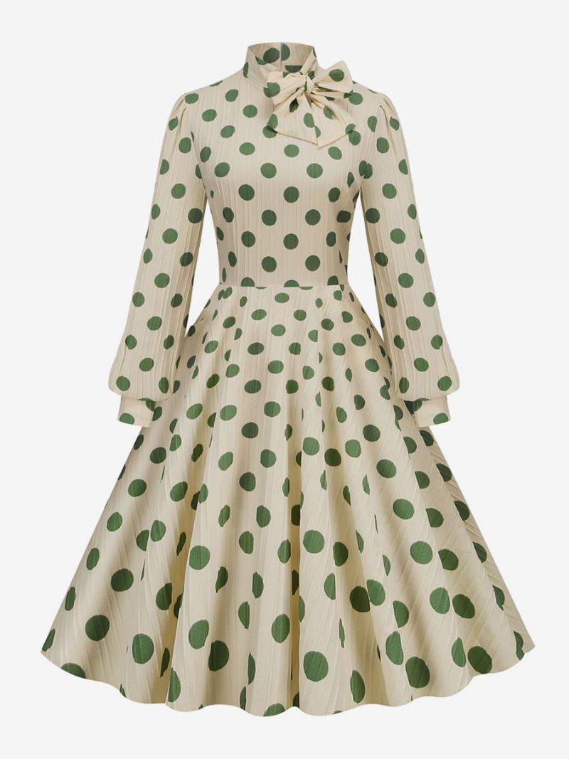 Retro Jurk Jaren 1950 Audrey Hepburn Stijl Hoge Kraag Strikken Lange Mouwen Dames Medium Polka Dot Swingjurk