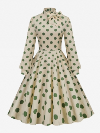 Retro Jurk Jaren 1950 Audrey Hepburn Stijl Hoge Kraag Strikken Lange Mouwen Dames Medium Polka Dot Swingjurk