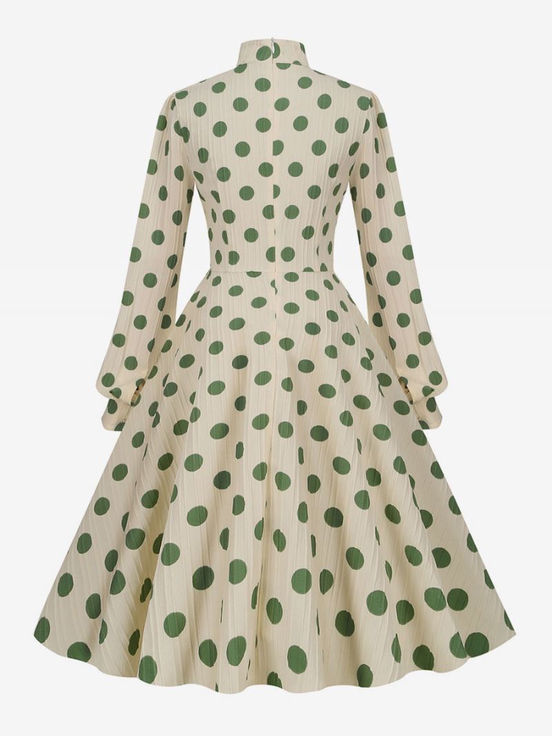 Retro Jurk Jaren 1950 Audrey Hepburn Stijl Hoge Kraag Strikken Lange Mouwen Dames Medium Polka Dot Swingjurk - Groen