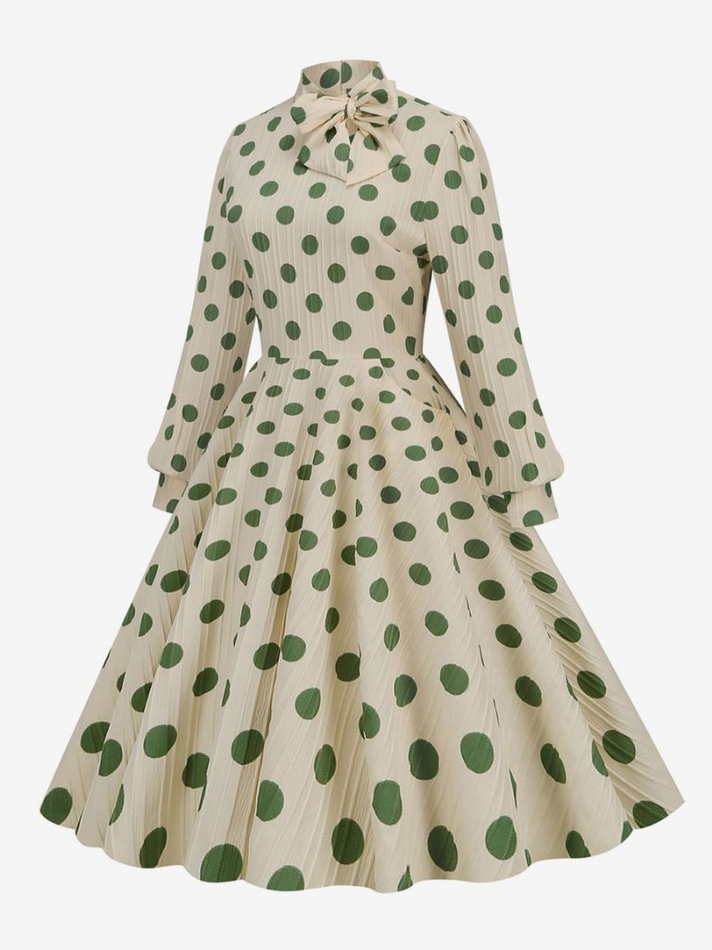 Retro Jurk Jaren 1950 Audrey Hepburn Stijl Hoge Kraag Strikken Lange Mouwen Dames Medium Polka Dot Swingjurk - Groen