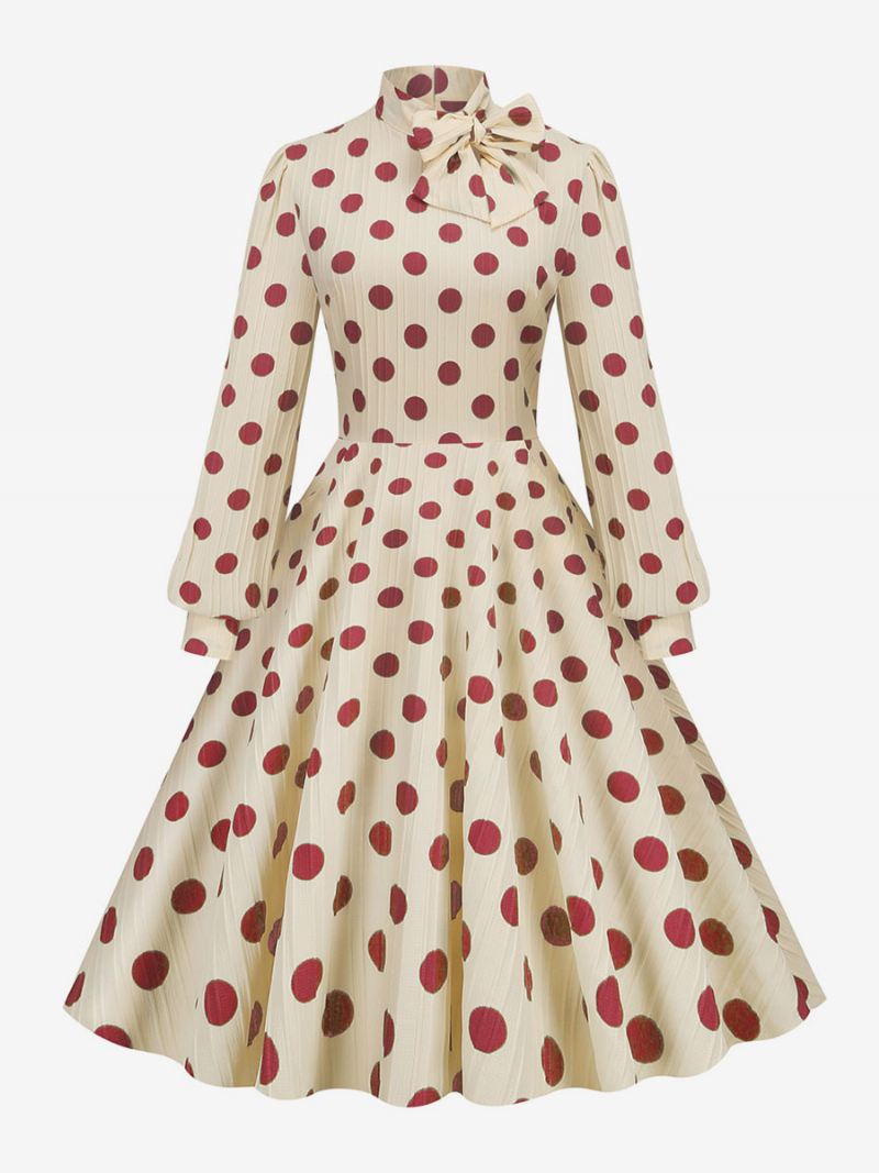 Retro Jurk Jaren 1950 Audrey Hepburn Stijl Hoge Kraag Strikken Lange Mouwen Dames Medium Polka Dot Swingjurk - Rood