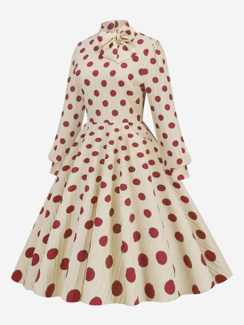 Retro Jurk Jaren 1950 Audrey Hepburn Stijl Hoge Kraag Strikken Lange Mouwen Dames Medium Polka Dot Swingjurk - Rood