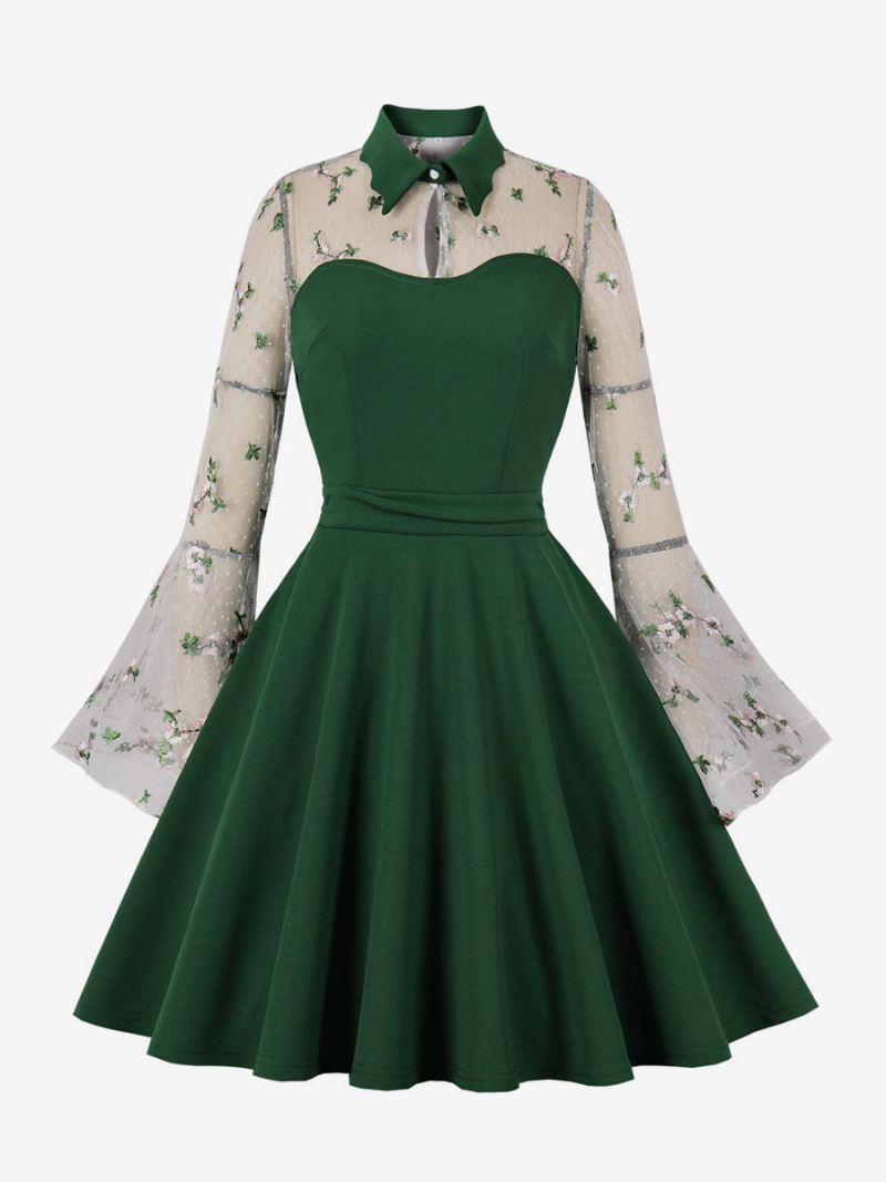 Retro Jurk Jaren 1950 Audrey Hepburn Stijl Lange Mouwen Dames Knielengte Tweekleurige Rockabilly - Groen