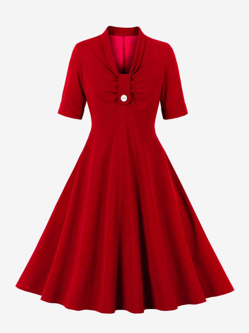 Retro Jurk Jaren 1950 Audrey Hepburn Stijl Rode Dames Rockabilly Met Korte Mouwen - Rood