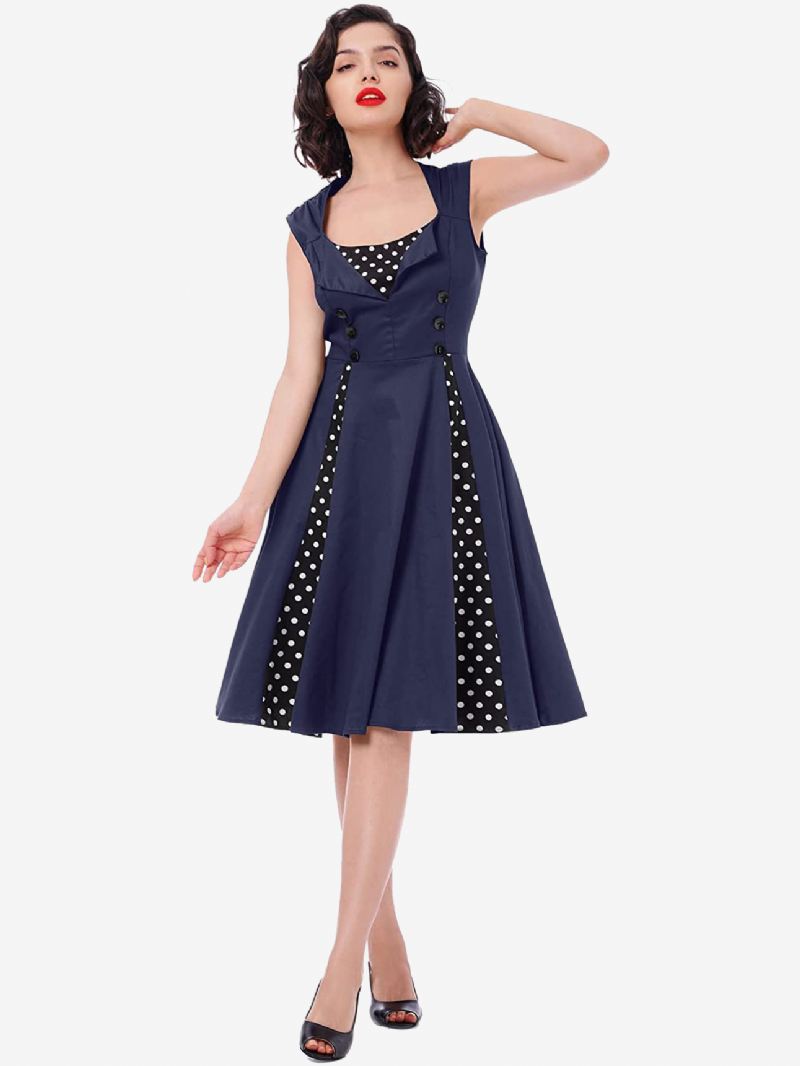 Rode Vintage Jurk Polka Dot Vierkante Hals Mouwloze Slim Fit Cirkel Skater Dames - Donker Marineblauw