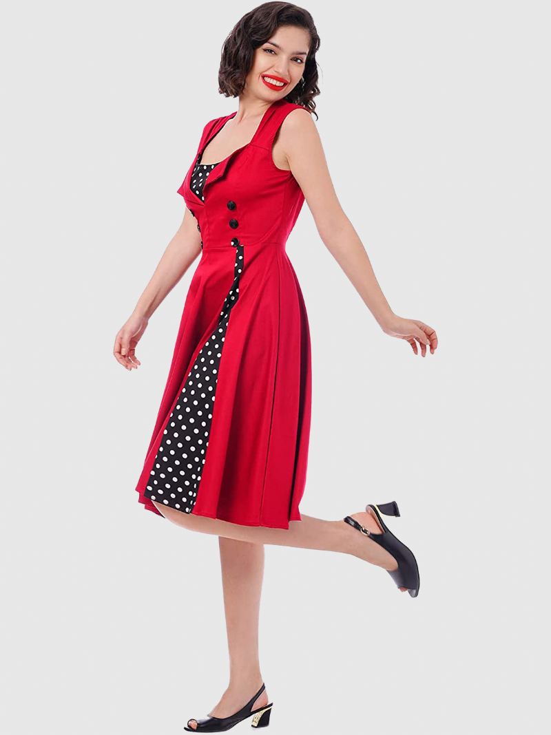 Rode Vintage Jurk Polka Dot Vierkante Hals Mouwloze Slim Fit Cirkel Skater Dames - Rood