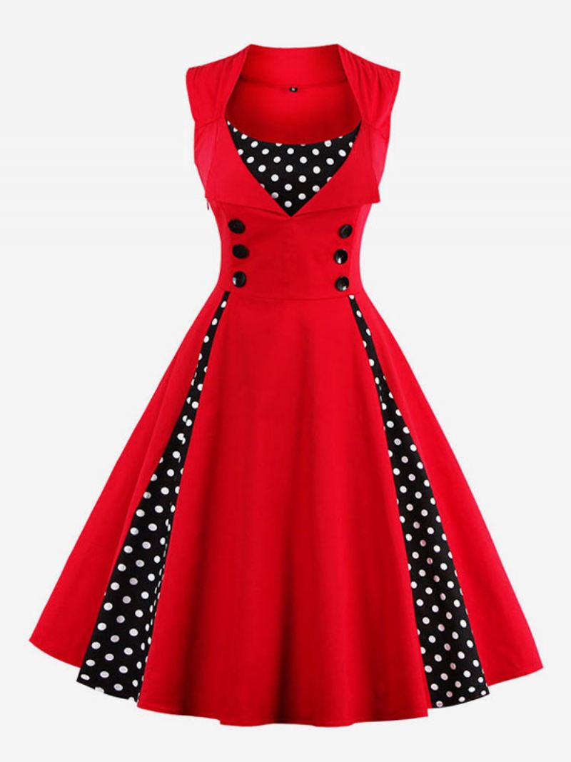 Rode Vintage Jurk Polka Dot Vierkante Hals Mouwloze Slim Fit Cirkel Skater Dames - Rood