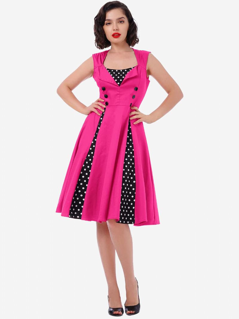 Rode Vintage Jurk Polka Dot Vierkante Hals Mouwloze Slim Fit Cirkel Skater Dames - Roze