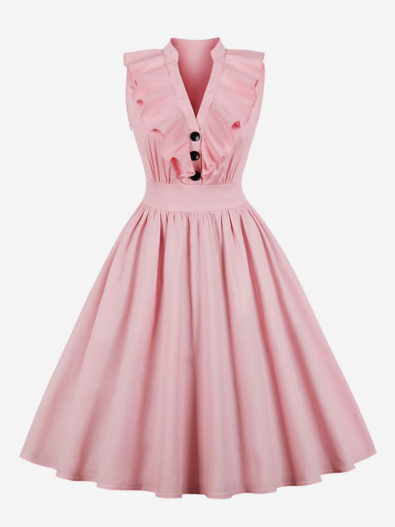 Roze Vintage Damesjurk Met V-hals Ruches Knopen Katoenen Swing-zomerjurk