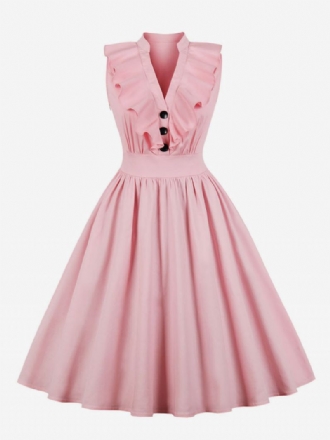 Roze Vintage Damesjurk Met V-hals Ruches Knopen Katoenen Swing-zomerjurk