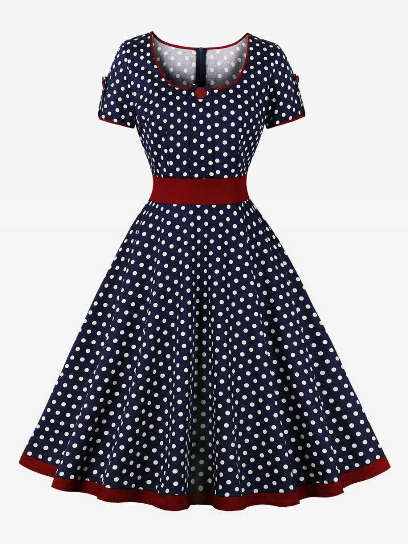 Vintage Jurk Jaren 1950 Audrey Hepburn Stijl Donker Marine Polka Dot Dames Korte Mouwen Rockabilly - Donker Marineblauw