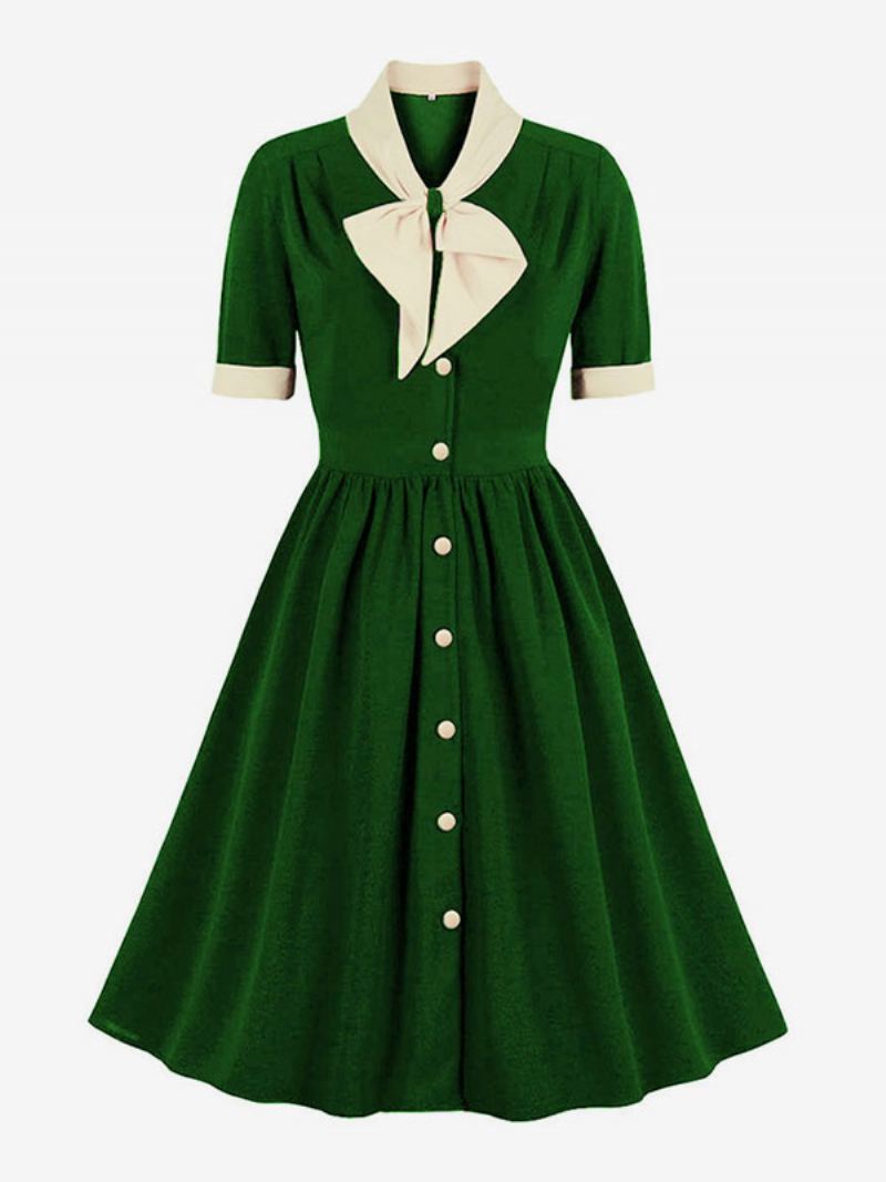 Vintage Jurk Jaren 1950 Audrey Hepburn Stijl Groene Tweekleurige Vrouwen Ruches Korte Mouwen Rockabilly - Groen