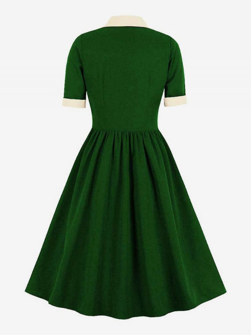 Vintage Jurk Jaren 1950 Audrey Hepburn Stijl Groene Tweekleurige Vrouwen Ruches Korte Mouwen Rockabilly - Groen