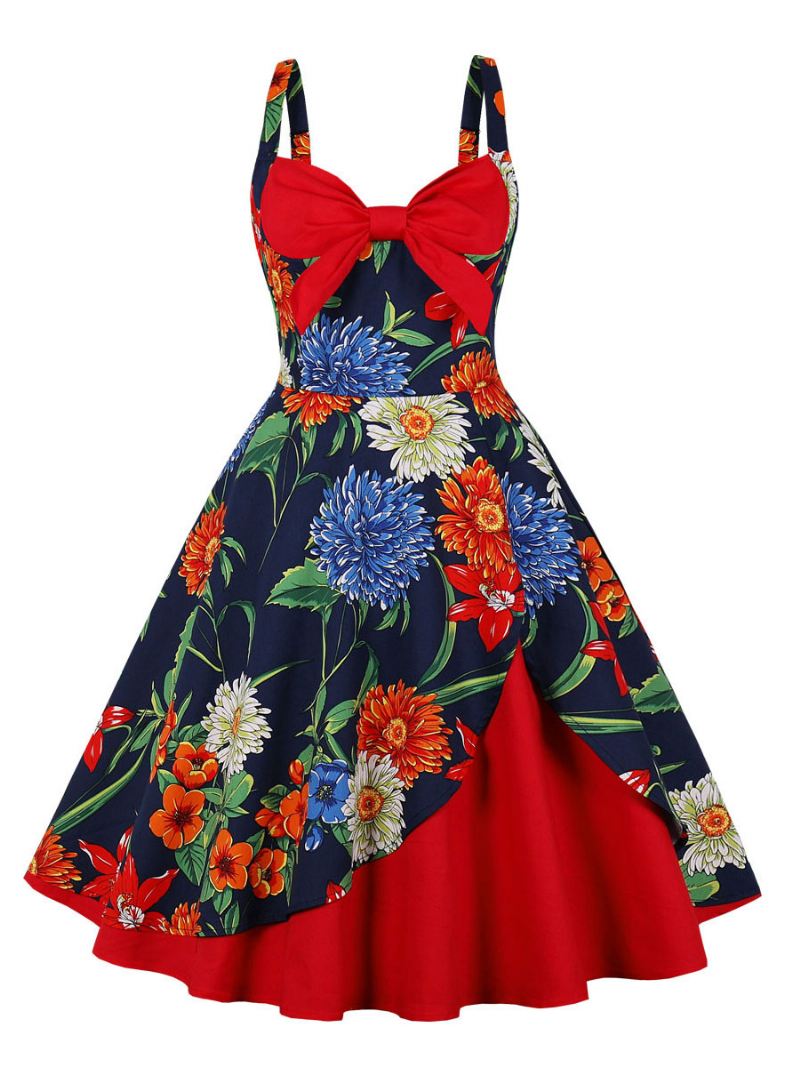 Vintage Jurk Jaren 1950 Audrey Hepburn Stijl Mouwloze Vrouwen Knie Lengte Bloemenprint Swing - Rood