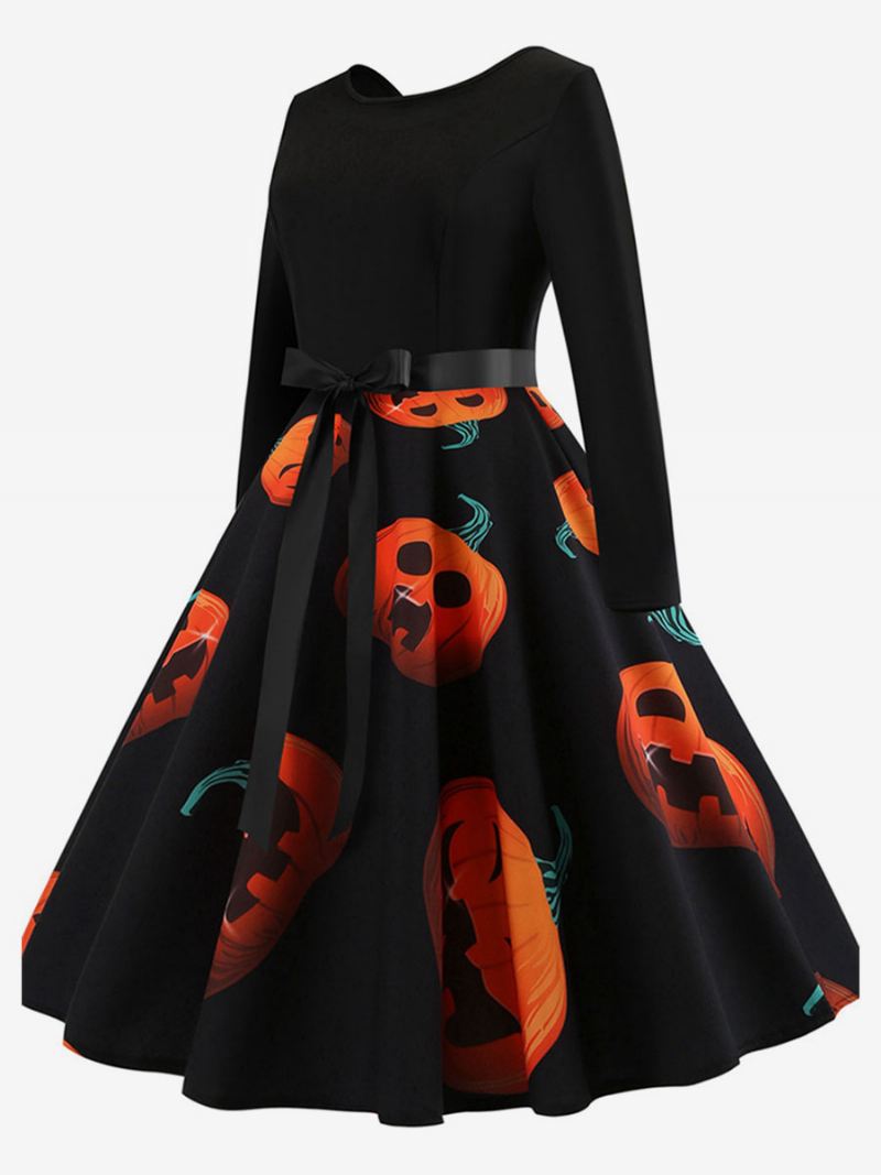 Vrouwen Vintage Jurk Jaren 1950 Audrey Hepburn Stijl Swing Bedrukte Retro Met Lange Mouwen - Oranje