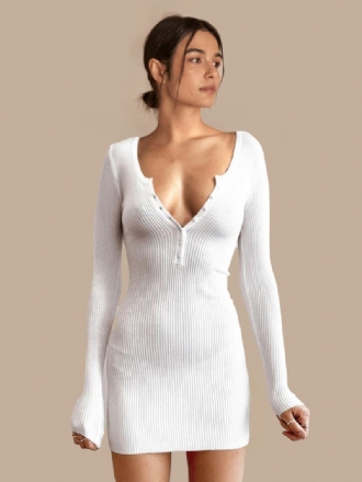 Dames Sweaterjurken Witte V-hals Casual Bodycon-jurken Lange Mouwen Gebreide Kokerjurk