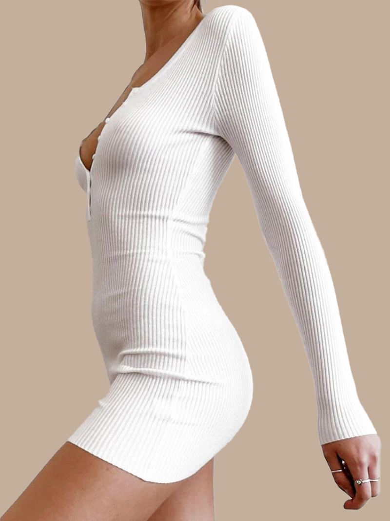 Dames Sweaterjurken Witte V-hals Casual Bodycon-jurken Lange Mouwen Gebreide Kokerjurk - Wit