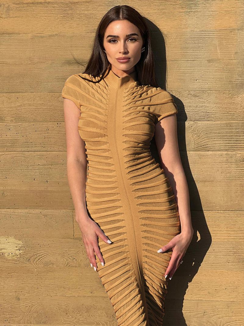 Doorzichtige Bodycon-jurk Dames Maxi-jurken Met Korte Mouwen Ruches Een Avondje Uit - Camel