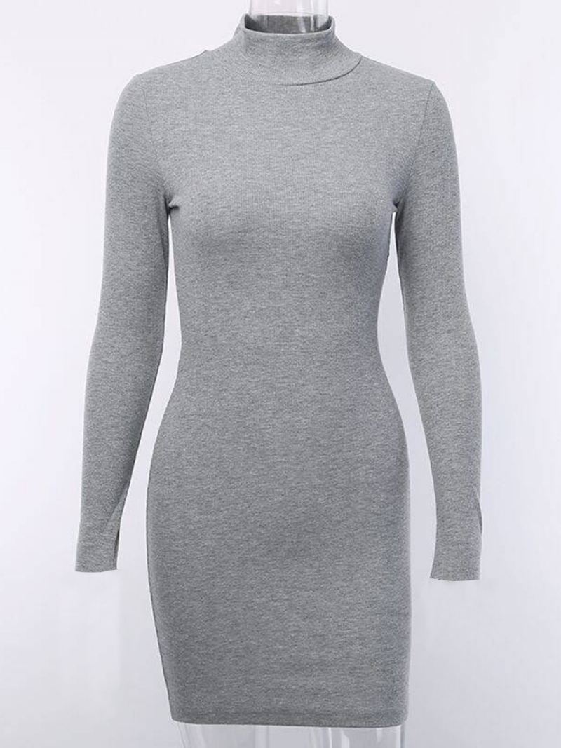 Gebreide Bodycon-jurk Dames Opstaande Hals Lange Mouwen Casual Schede Mini-jurken - Grijs