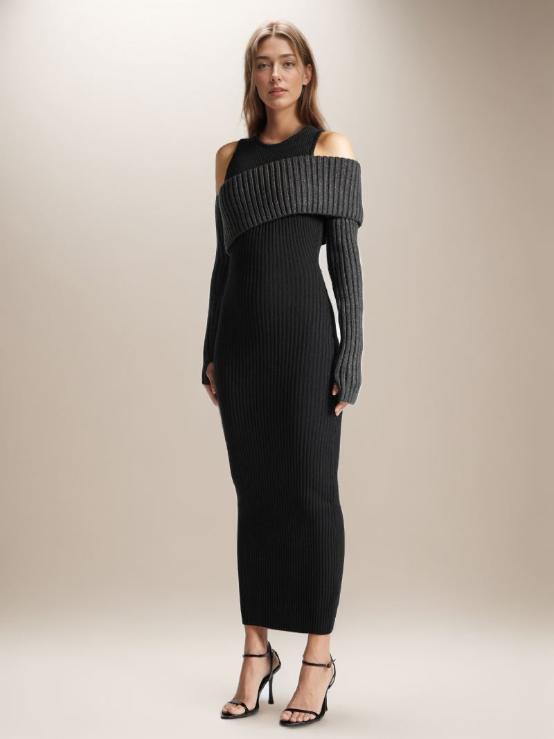 Gebreide Damesjurk Cold Shouder Foldover Transformatieve Casual Maxi-jurken - Zwart