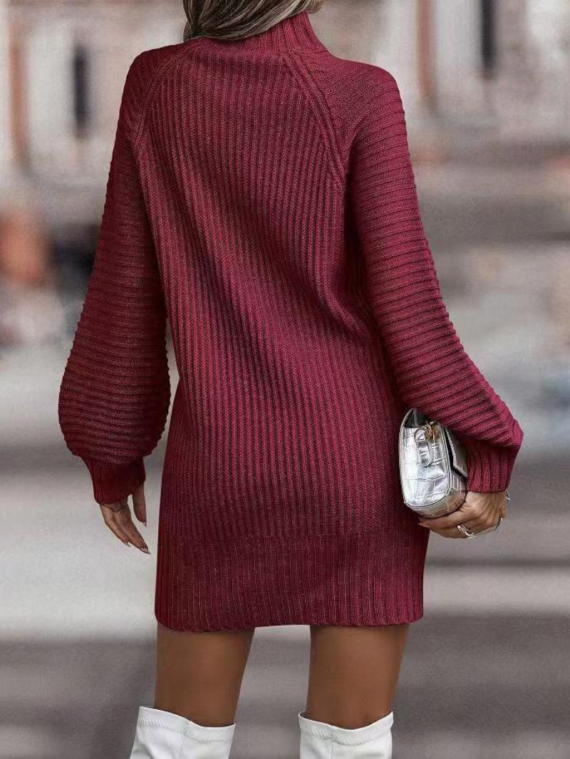 Gebreide Damesjurk Met Lange Mouwen Hoge Kraag Elegante Mini-jurk - Bordeaux