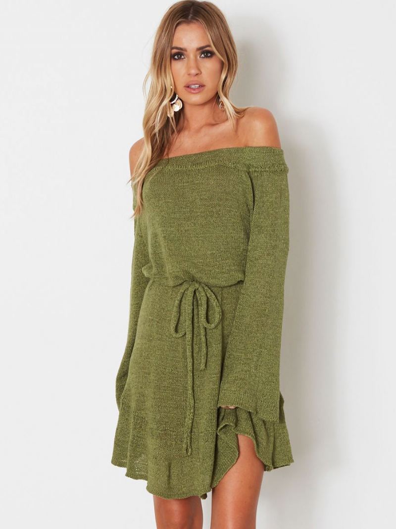 Gebreide Jurk Dames Mooie Vetersluiting Bateau-hals Lange Mouwen Polyester Oversized - Groen